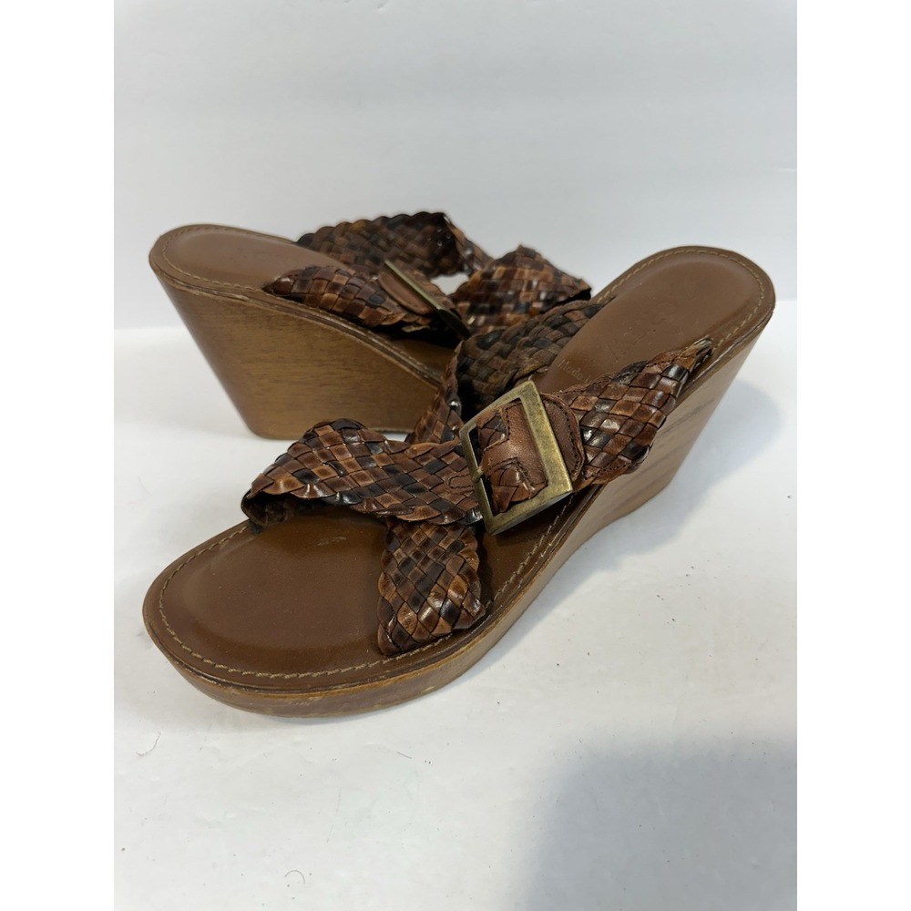 J. Crew Sandals Women 8 Brown Leather & Wood Strappy Wedge Made In Italy Ladies
